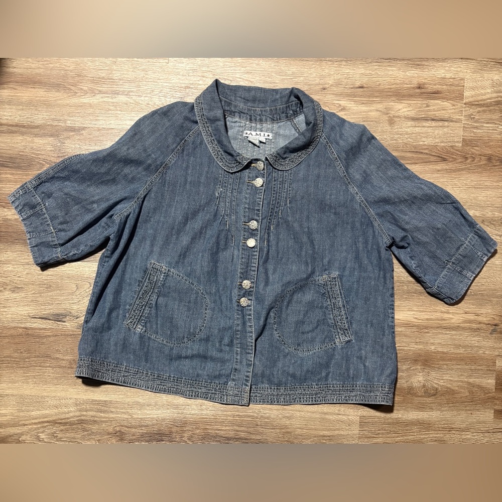 A.M.I. Vintage Denim Peter Pan Collar Jacket Shirt Button Up